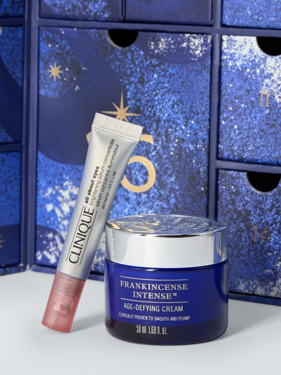 A close-up of John Lewis advent calendar products including a Clinique eye serum and a Neal's Yard Remedies cream