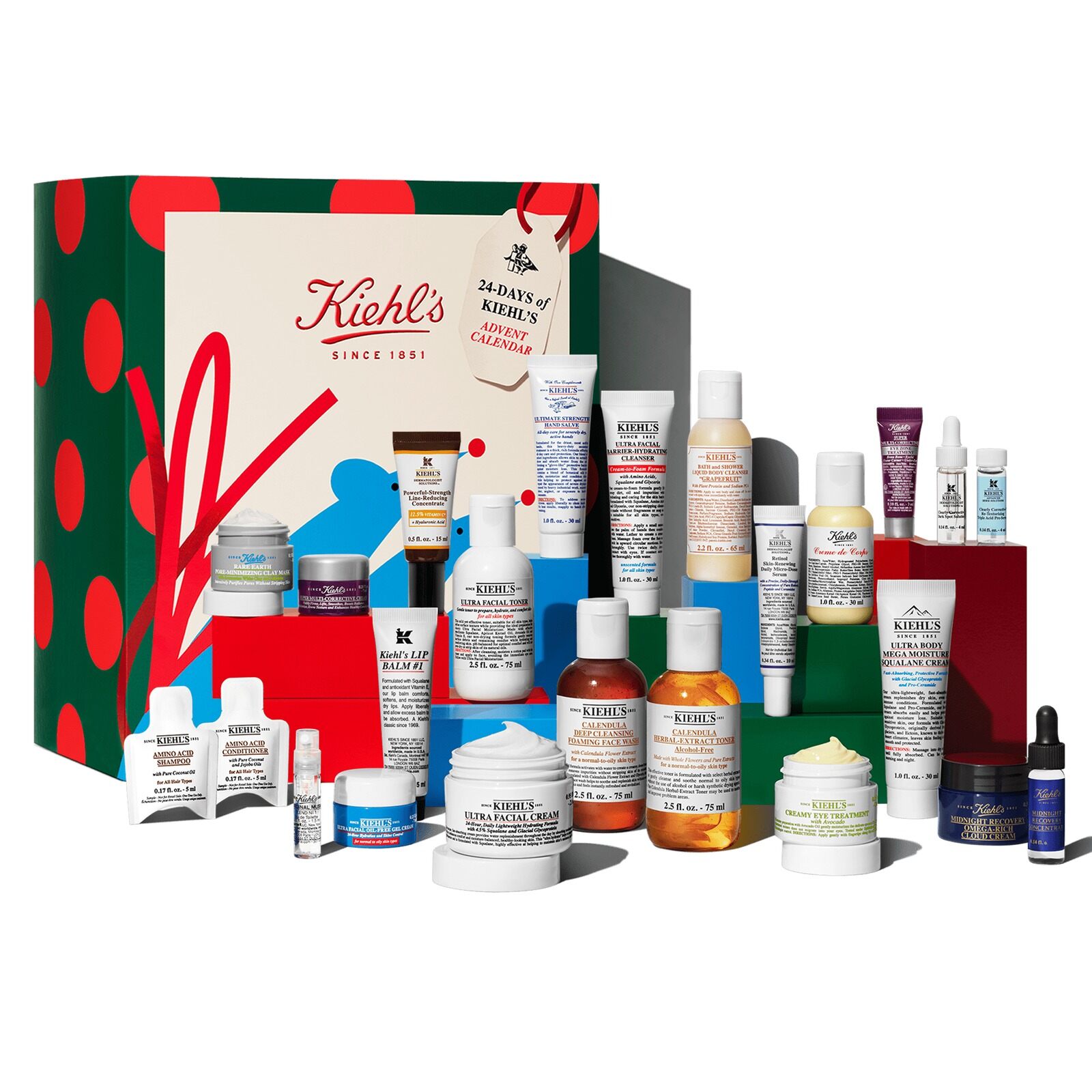 The 24 Days of Kiehl's advent calendar 2026 with its illustrated doors open and its skincare products arranged in front