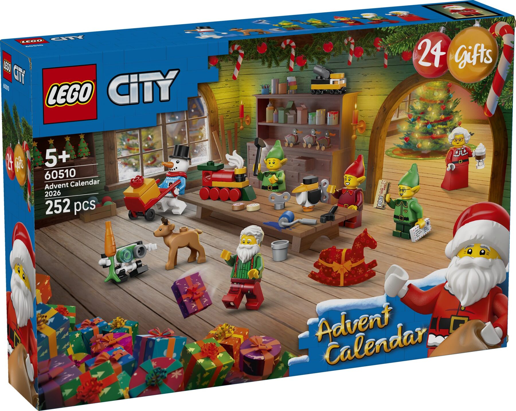 The box of the LEGO City advent calendar 2026, showing Santa's workshop with minifigures and festive vehicles