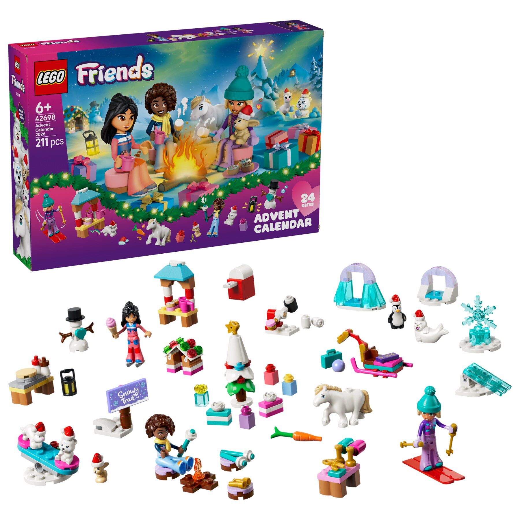 The LEGO Friends advent calendar 2026 box and its mini-builds, including snowmen, a sledge and Friends minifigures