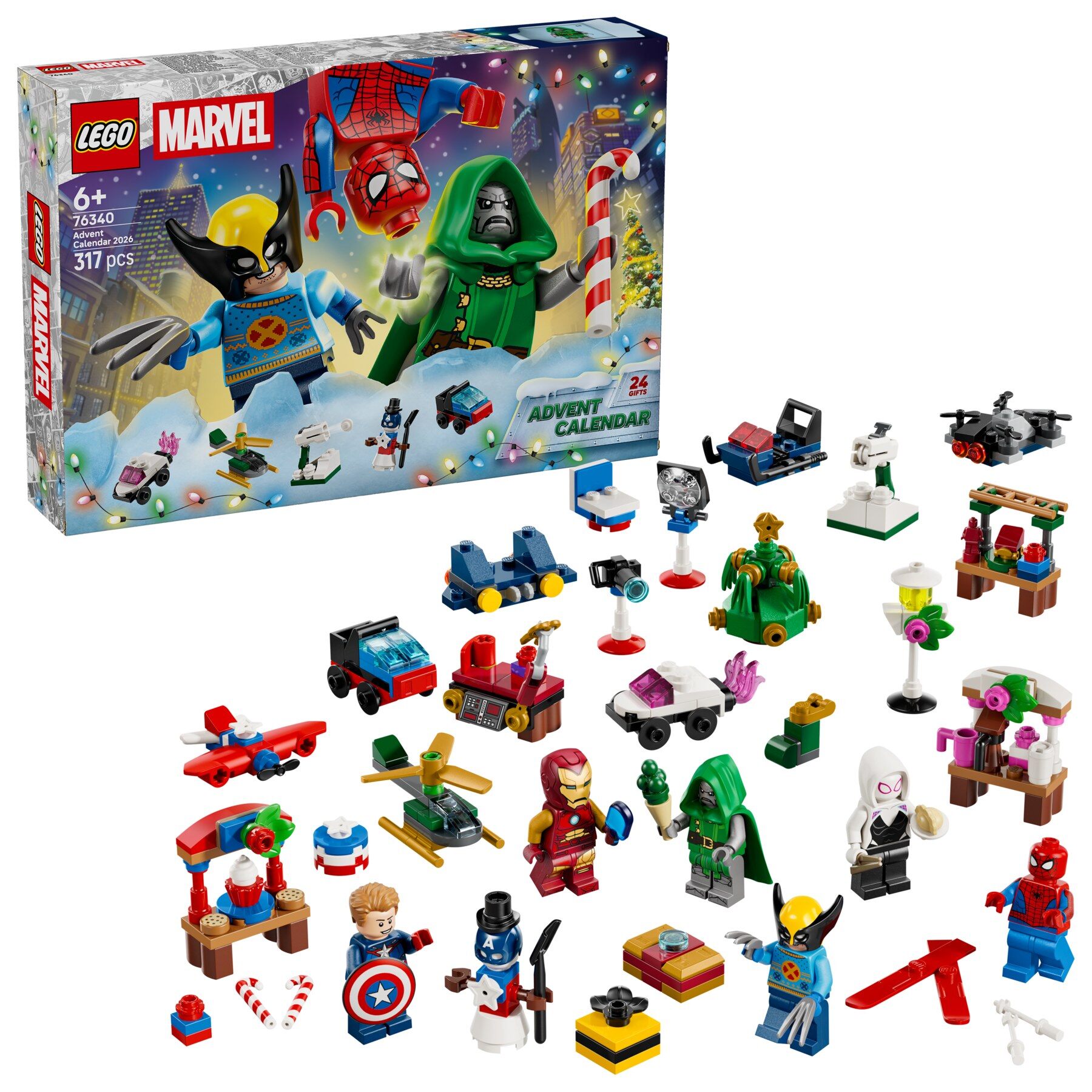 The LEGO Marvel advent calendar 2026 box with Wolverine, Spider-Man and Doctor Doom, and its mini-builds
