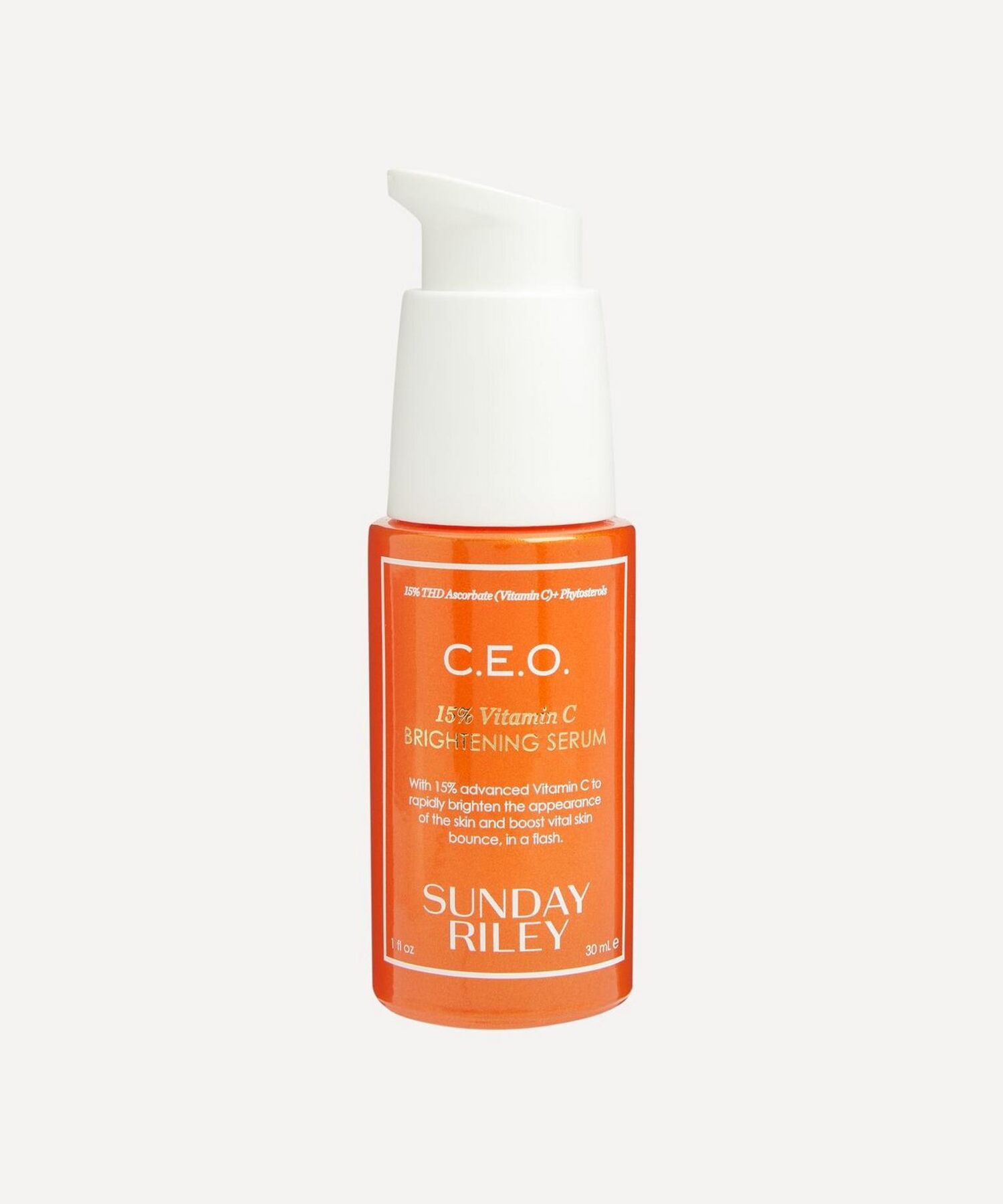 A bottle of Sunday Riley CEO Vitamin C Brightening Serum on a plain background