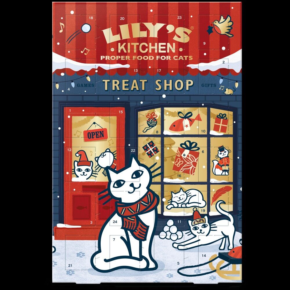 The Lily's Kitchen advent calendar for cats, a red and blue Christmas shop front with a white cat in a scarf