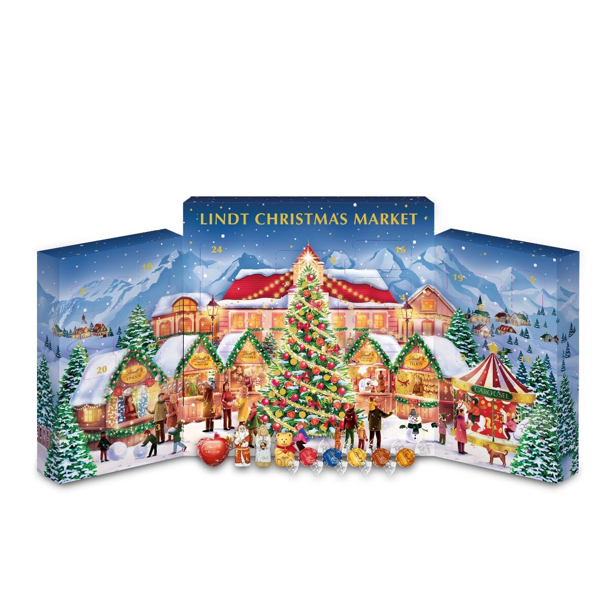 The Lindt Christmas Market advent calendar, a pop-up Swiss Christmas market scene with chalets, a tree and numbered doors