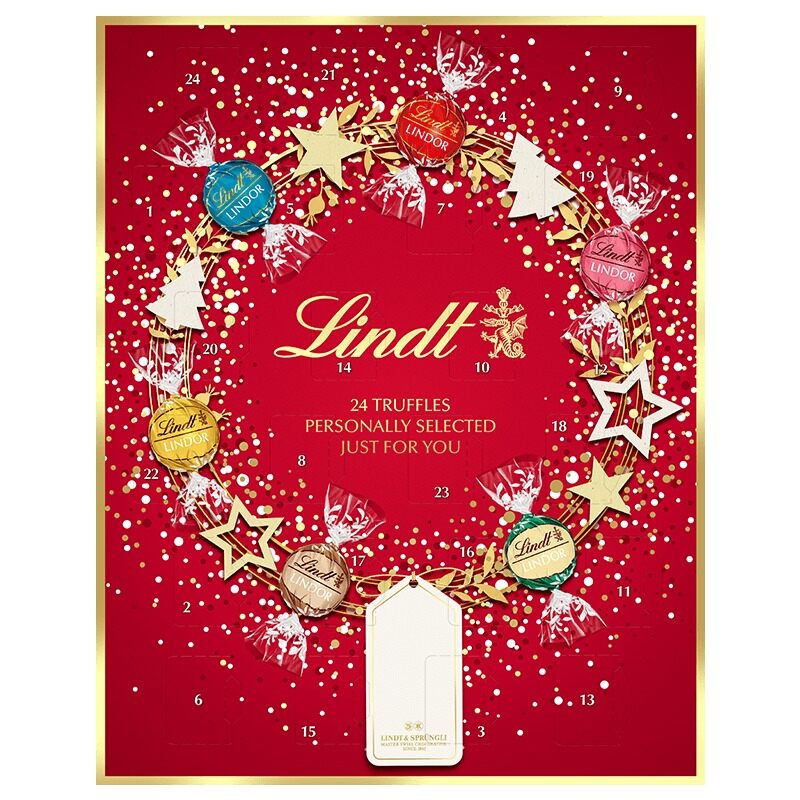 The red Lindt Pick & Mix advent calendar with a gold wreath of baubles around the Lindt logo