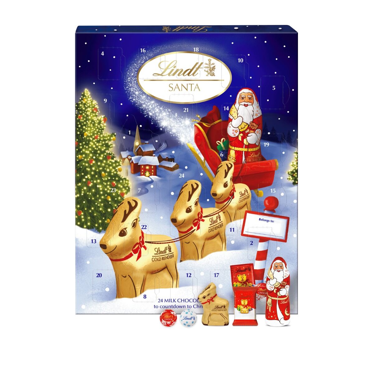 The Lindt SANTA advent calendar with gold-wrapped reindeer and Santa pulling a sleigh through a snowy night