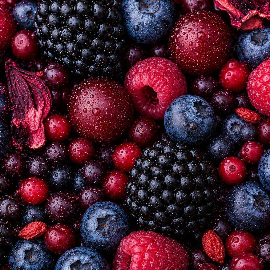 Close-up of blackberries, blueberries, raspberries and hibiscus petals