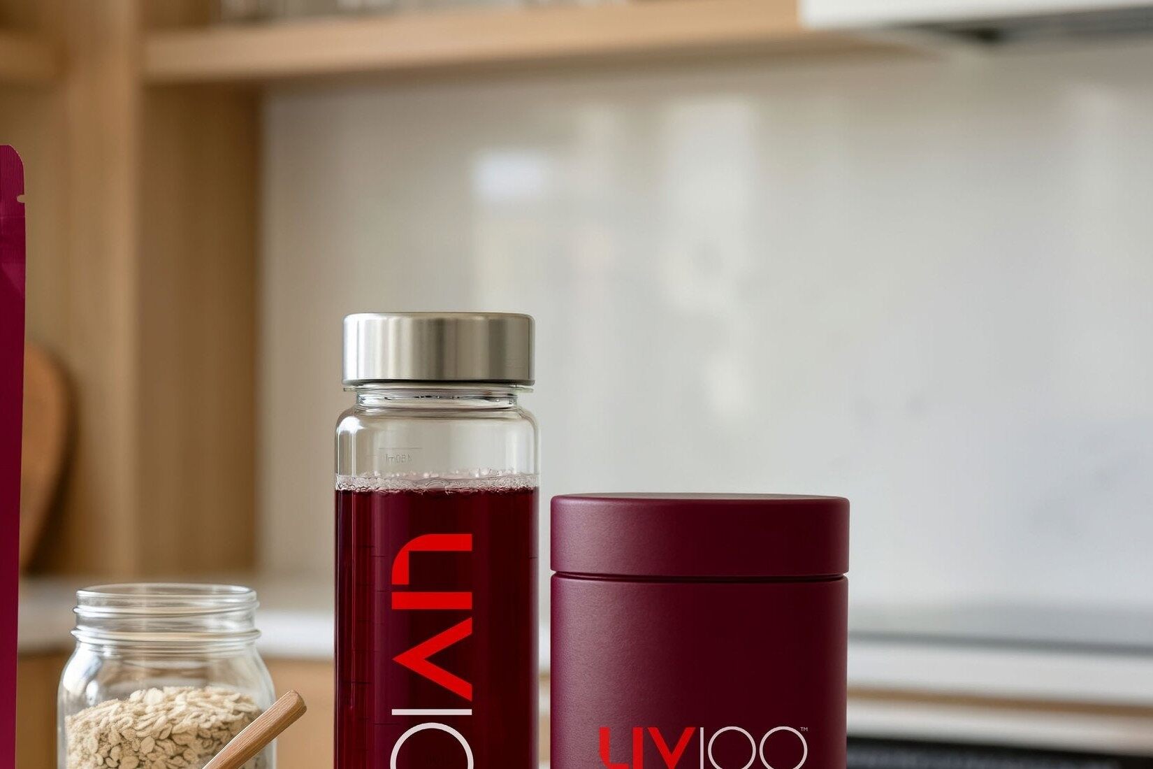 Liv100 drink in a glass bottle with a bowl of oats and berries