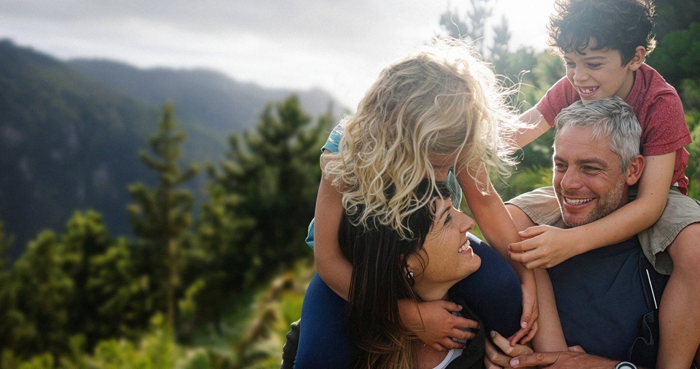 A smiling family on a hillside with two children on their parents' shoulders