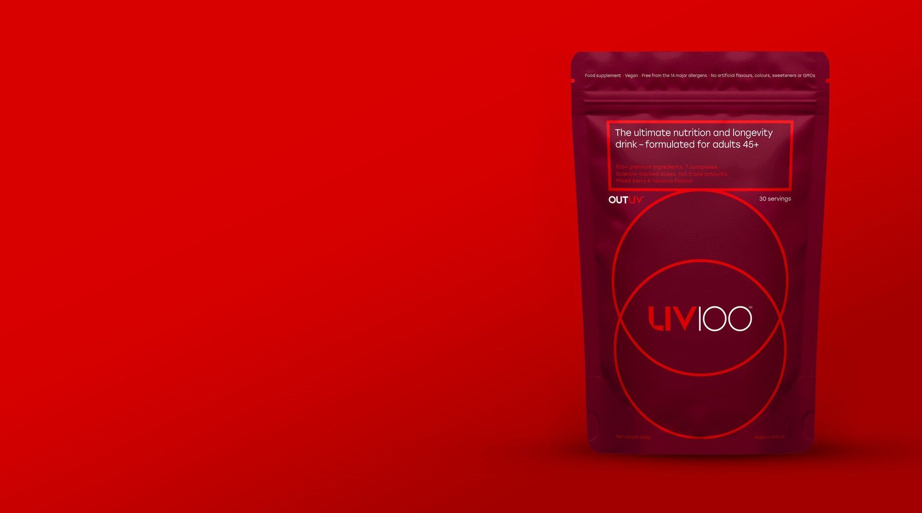 Liv100 pouch of 30 servings on a red background