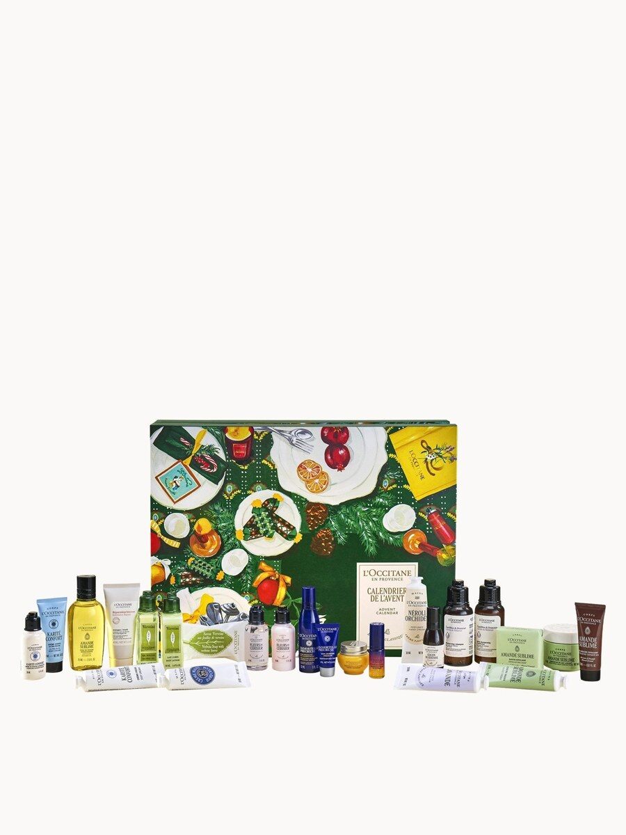 The L'Occitane Beauty advent calendar 2026 with its 24 products laid out in front of the box