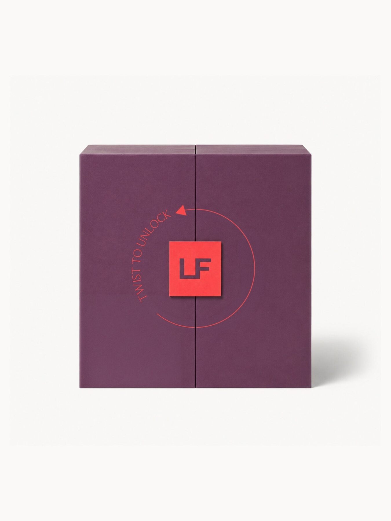 The closed LOOKFANTASTIC 2026 advent calendar, a plum box with a red LF logo dial on the front