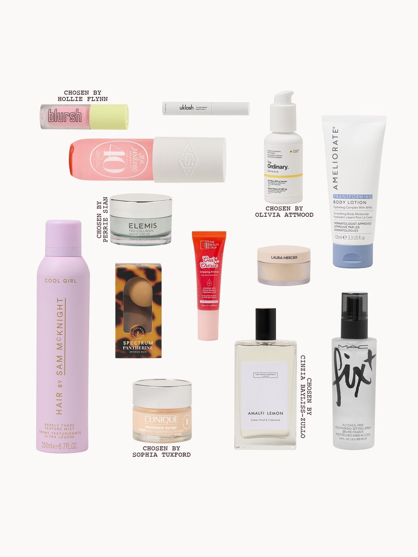 More products from the LOOKFANTASTIC 2026 calendar, including MAC Fix+, a Sol de Janeiro mist and Aveda bottles, laid out on white