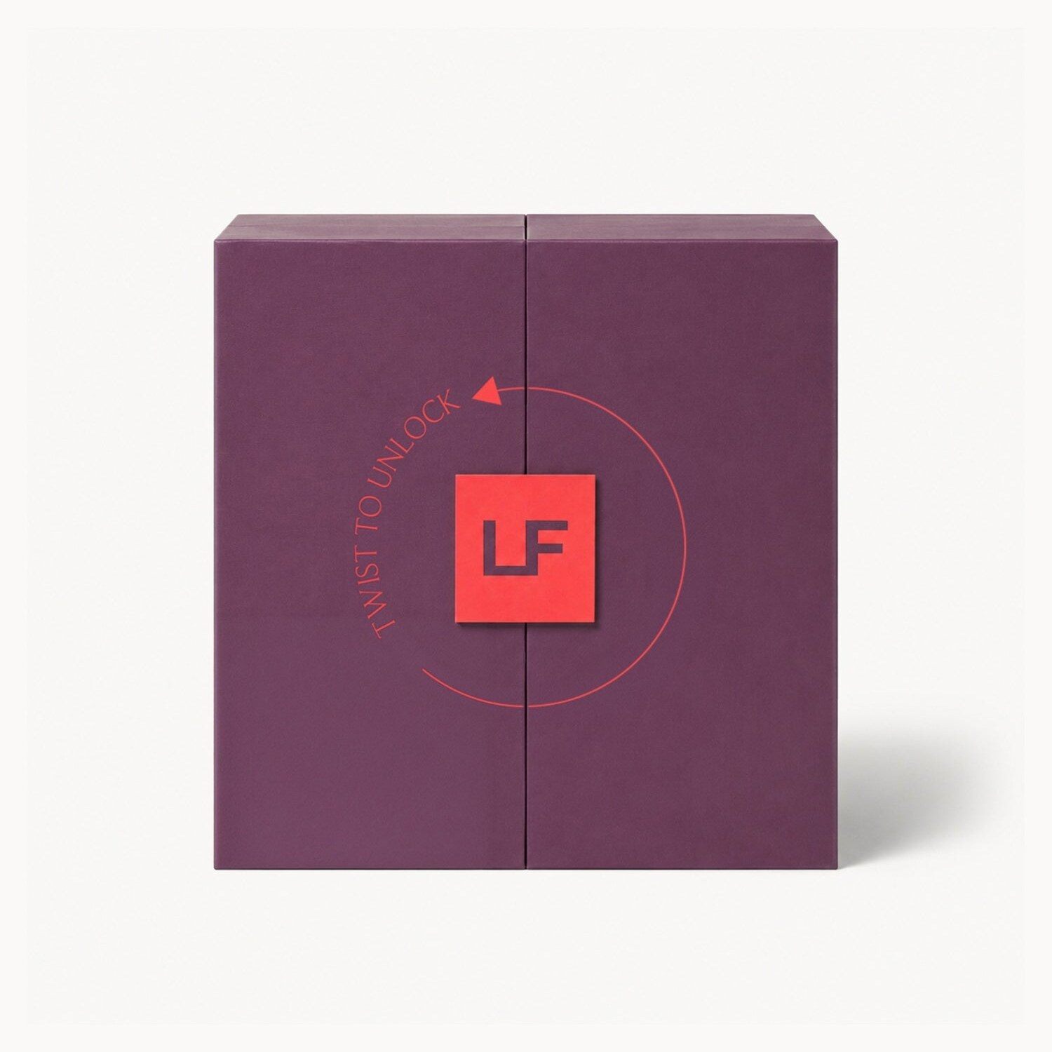 The closed plum LOOKFANTASTIC advent calendar box with a twist-to-unlock LF logo