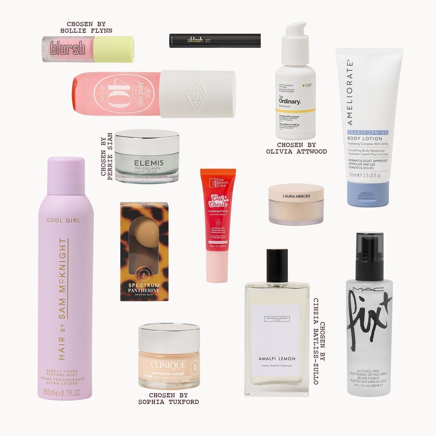 Some of the products inside the LOOKFANTASTIC Beauty Advent Calendar laid out on white