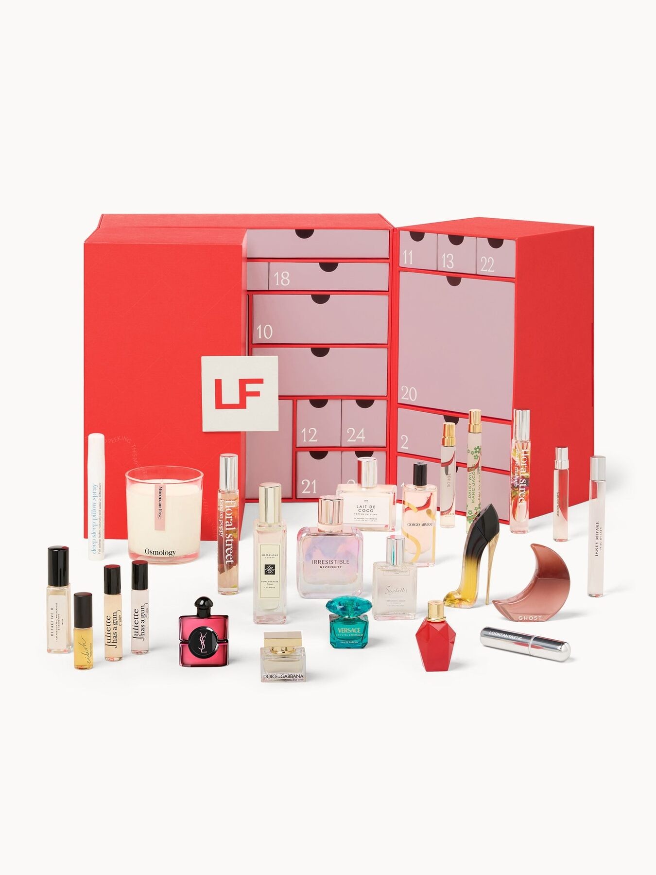 The open LOOKFANTASTIC Fragrance advent calendar 2026, a red and pink cabinet of drawers with perfume bottles in front