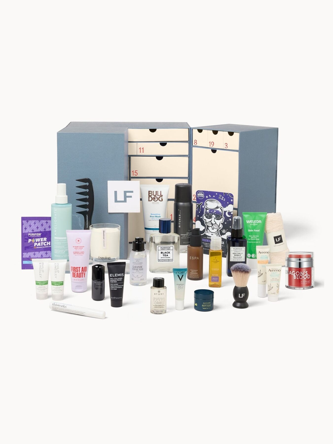 The open LOOKFANTASTIC Grooming advent calendar 2026 with its 27 men's grooming products laid out in front