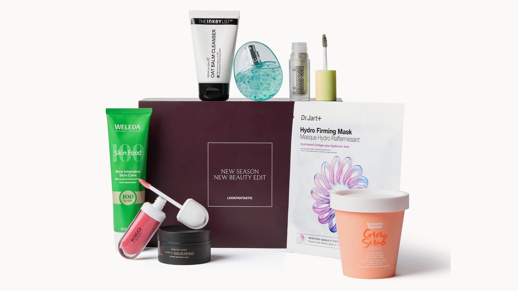 The LOOKFANTASTIC New Season Edit box surrounded by its eight products, including Weleda Skin Food and Dr.Jart+ mask