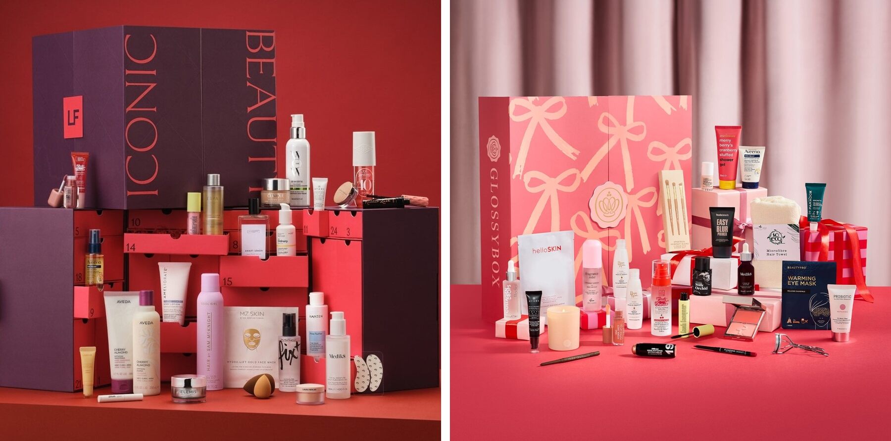 The open LOOKFANTASTIC and GLOSSYBOX advent calendars 2026 side by side, each surrounded by its beauty products