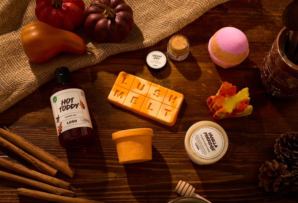 The Lush Club November 2026 products on a wooden table, with the Hot Toddy Shower Gel, a Lush Melt bar, a pink bath bomb and a leaf bubble bar among cinnamon sticks