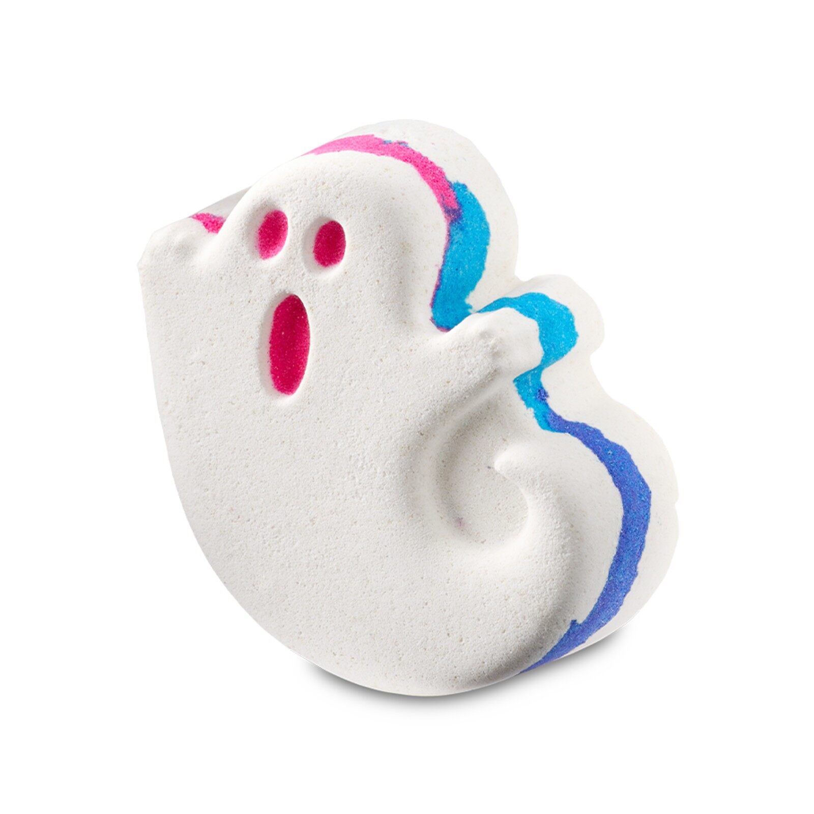 A white ghost-shaped Lush Ghostie bath bomb with pink and blue edges