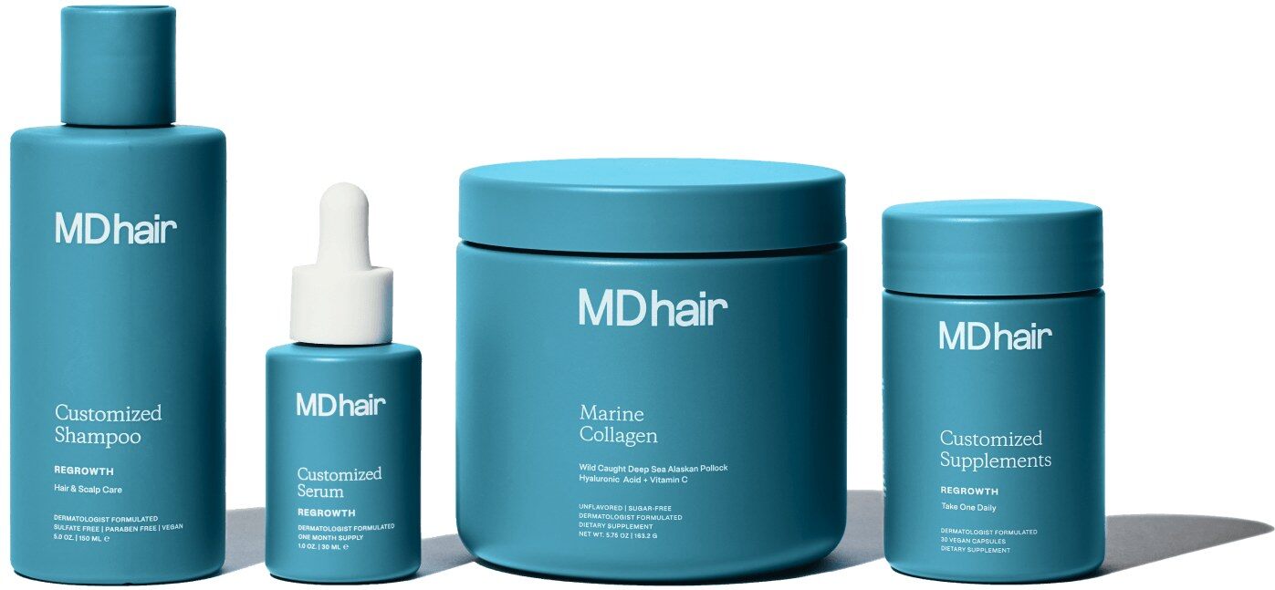 MDhair shampoo, serum, marine collagen and supplements
