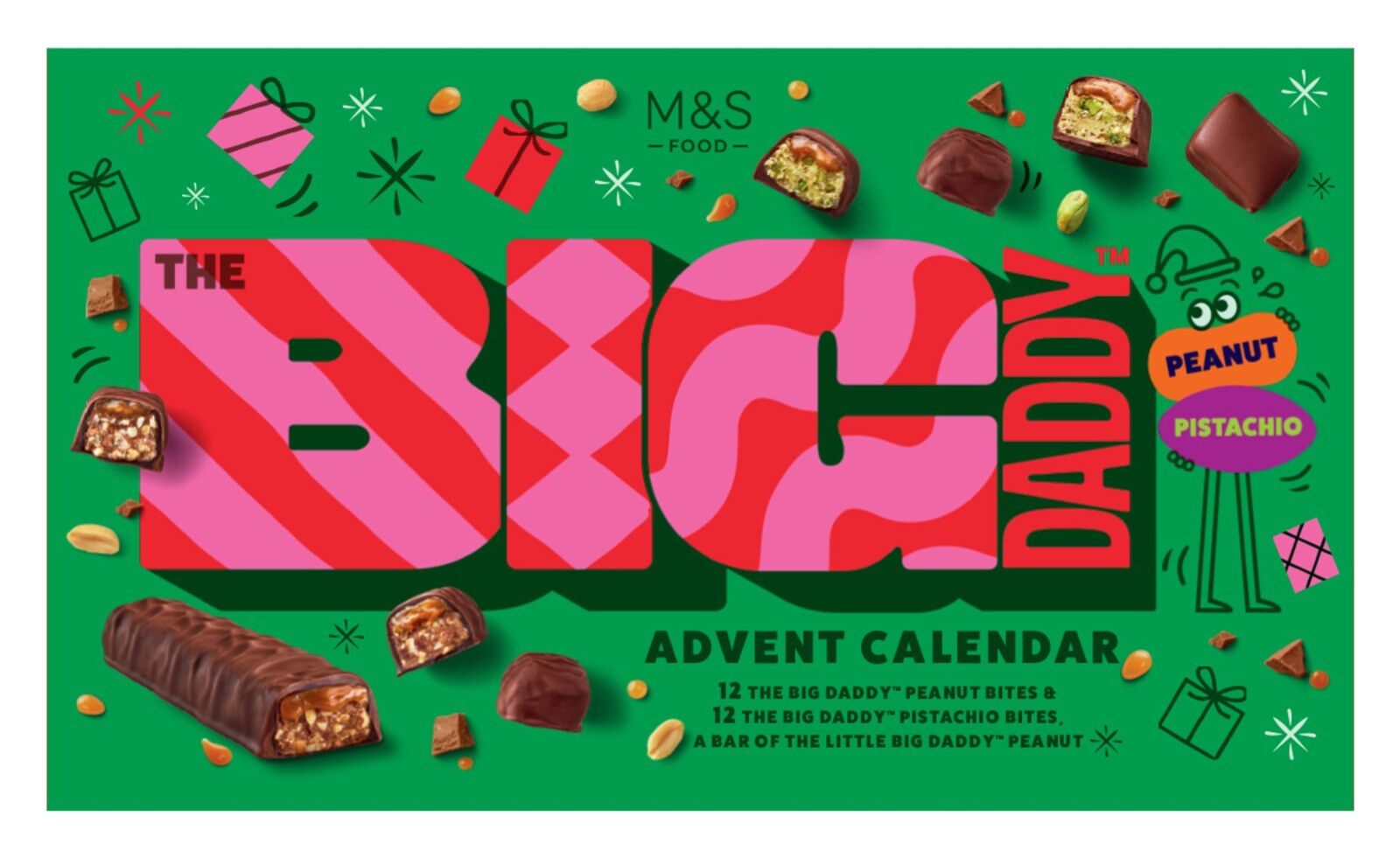 The M&S Big Daddy advent calendar box, green with a big pink and red Big Daddy logo and chocolate bars around the edges