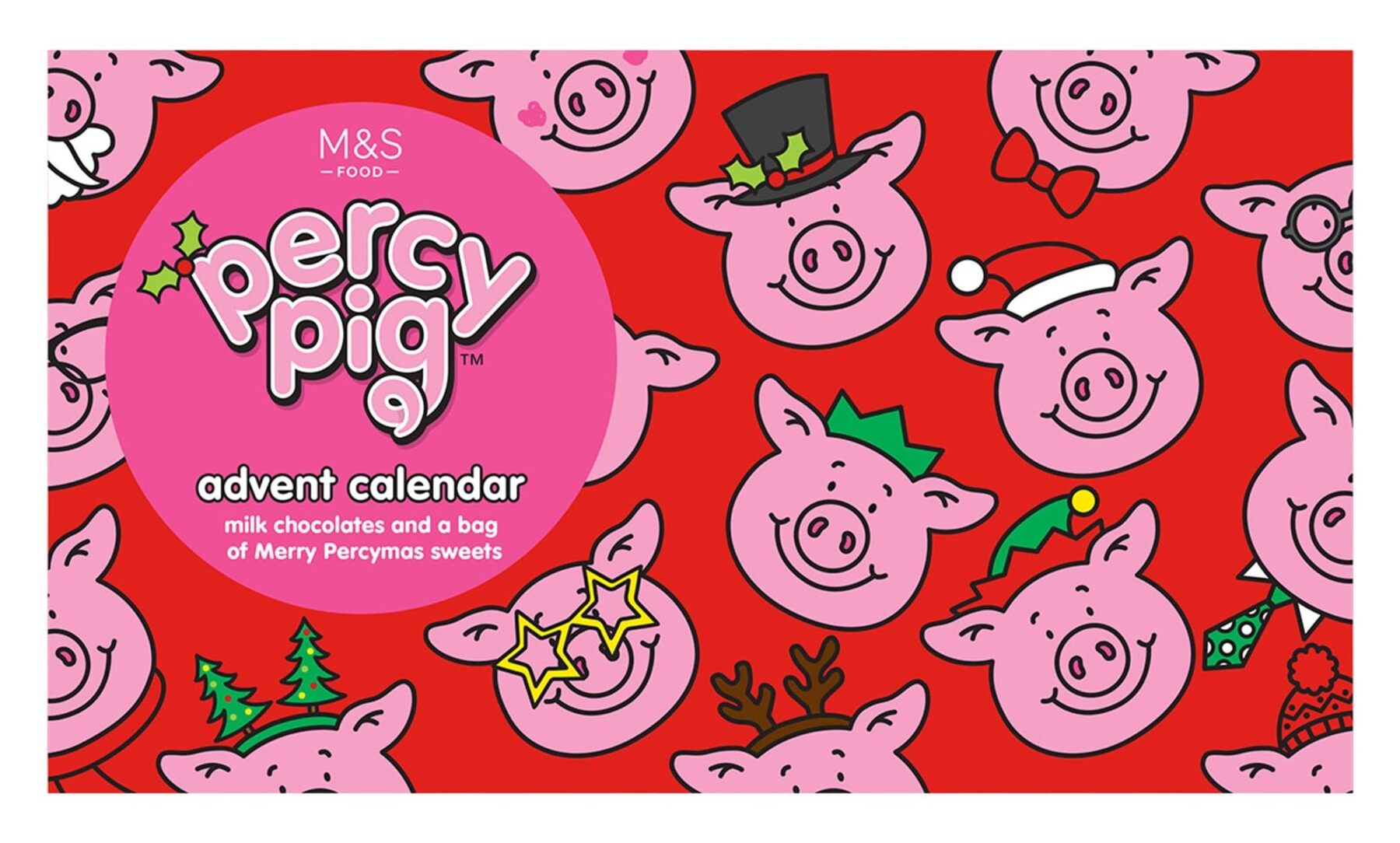 The M&S Percy Pig advent calendar 2026, a red box covered in pink Percy Pig faces wearing Christmas hats