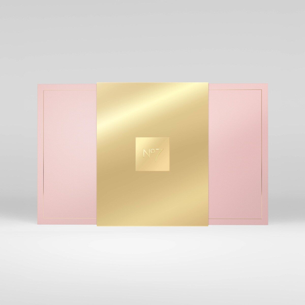 The closed No7 Ultimate Beauty Advent Calendar 2026, a pink box with a gold panel
