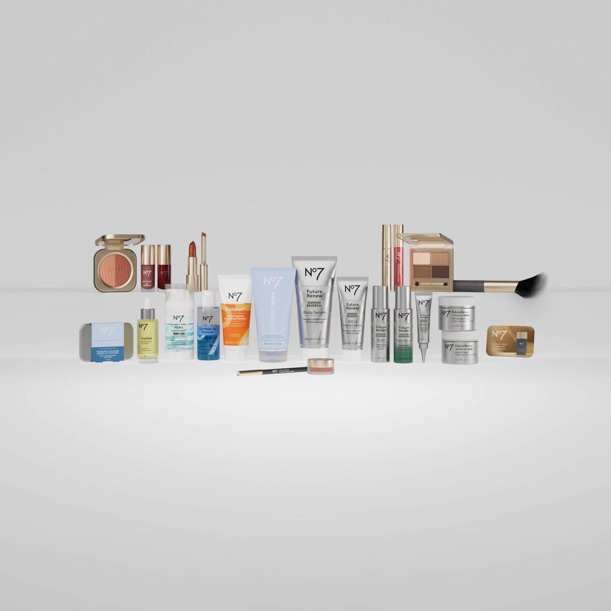 The No7 Ultimate Beauty Advent Calendar 2026 products laid out, including serums, cleansers, lipsticks and an eye palette