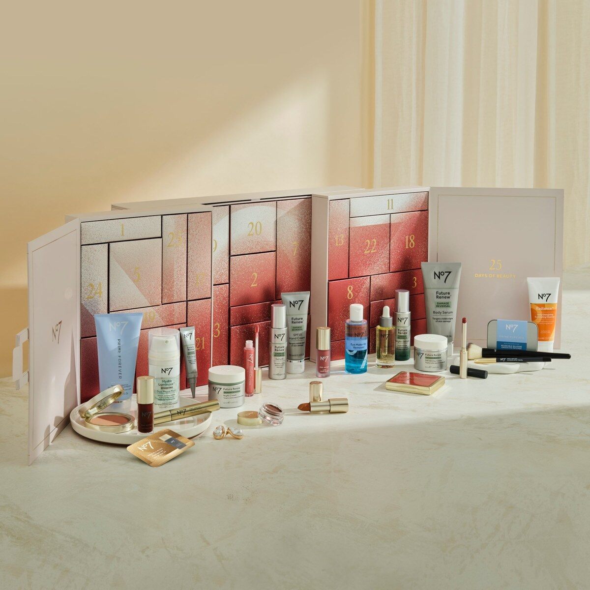 The No7 Ultimate Beauty Advent Calendar 2026 open on a table with its products in front