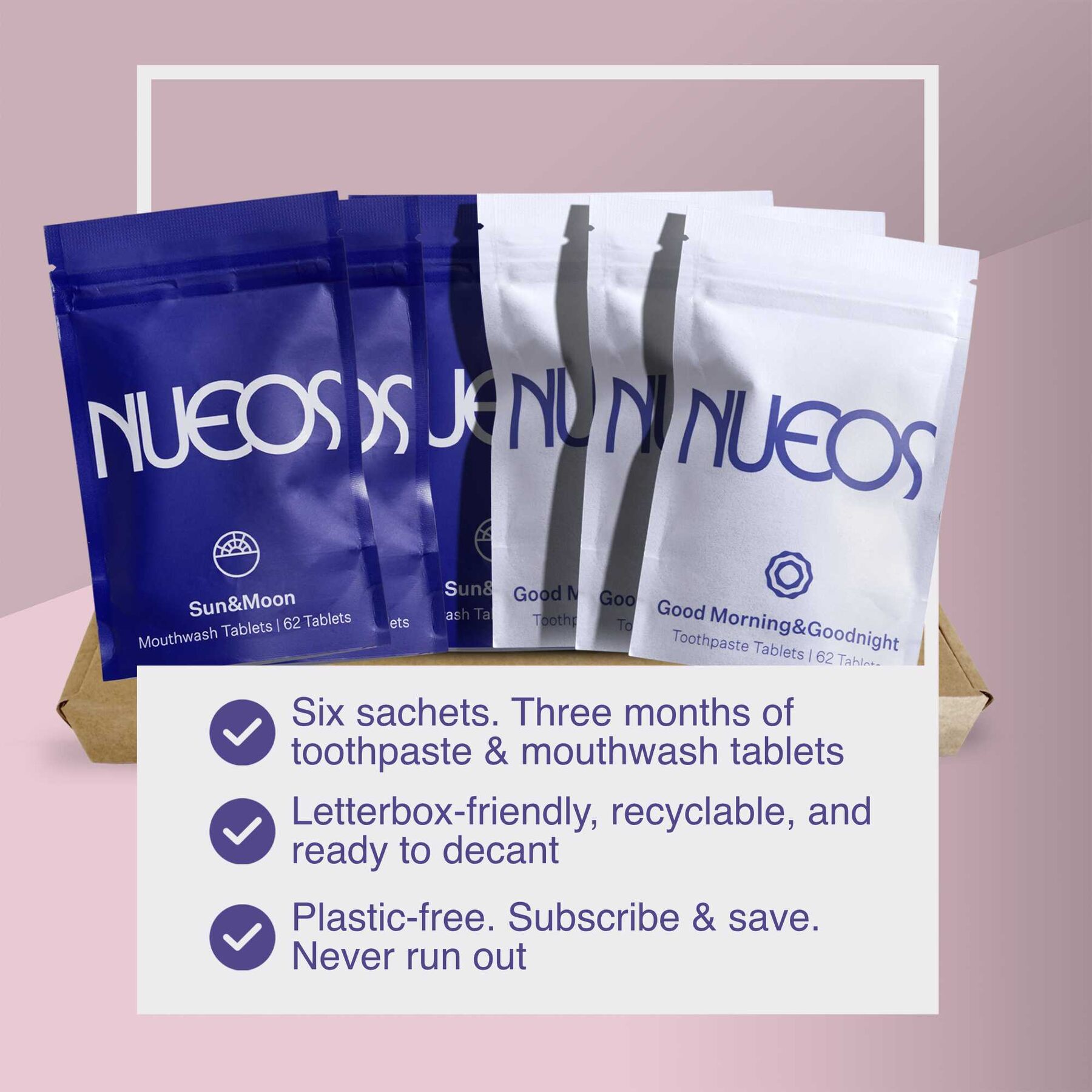 Six NUEOS toothpaste and mouthwash sachets standing in a letterbox-friendly cardboard tray