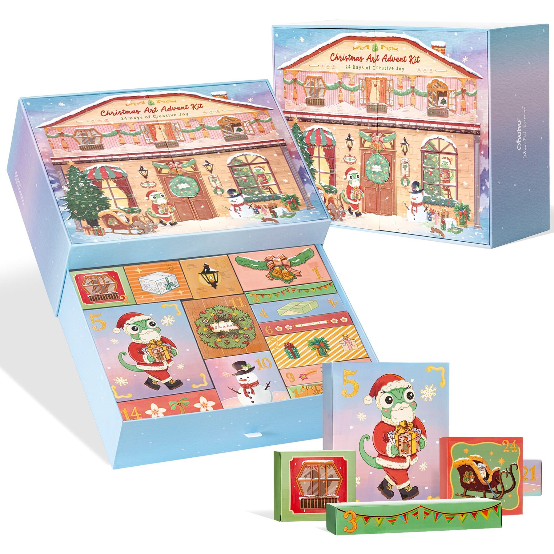 The Ohuhu Christmas Art Advent Kit 2026 open, showing the illustrated drawers and some of the small project boxes