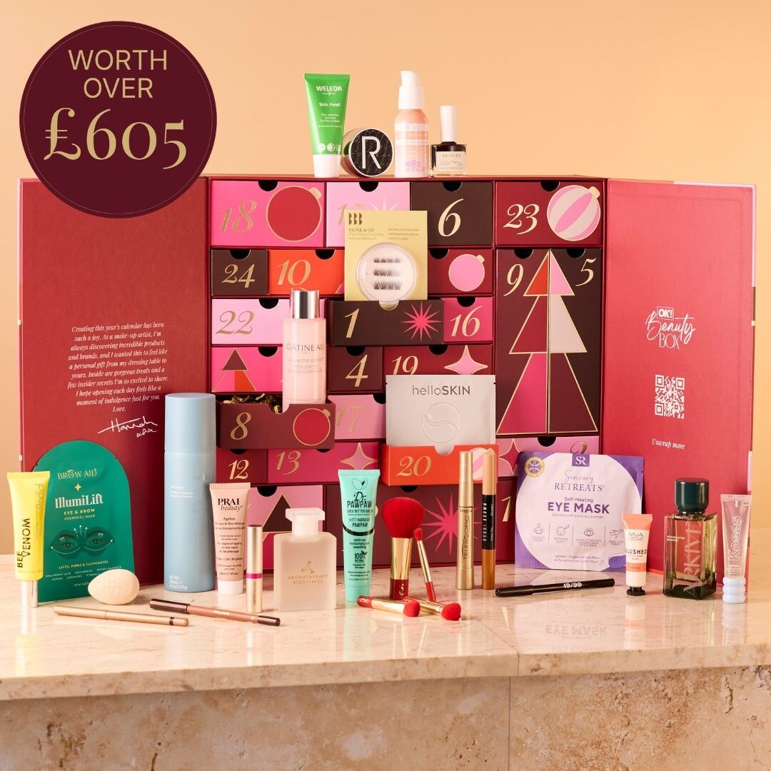 The OK! Beauty Box advent calendar 2026 by Hannah Martin, open, with its products arranged in front