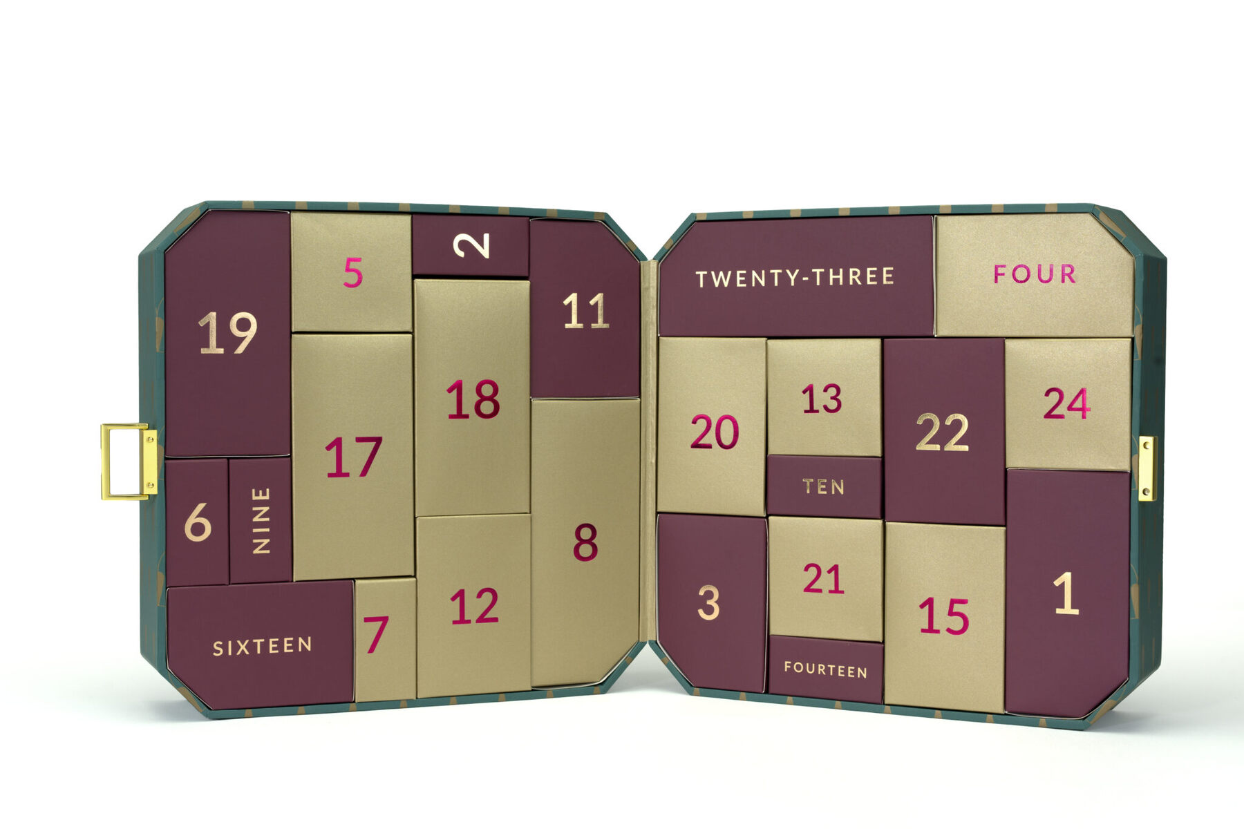 The Perfume Shop advent calendar 2026 opened out, a burgundy and gold box with 24 numbered doors