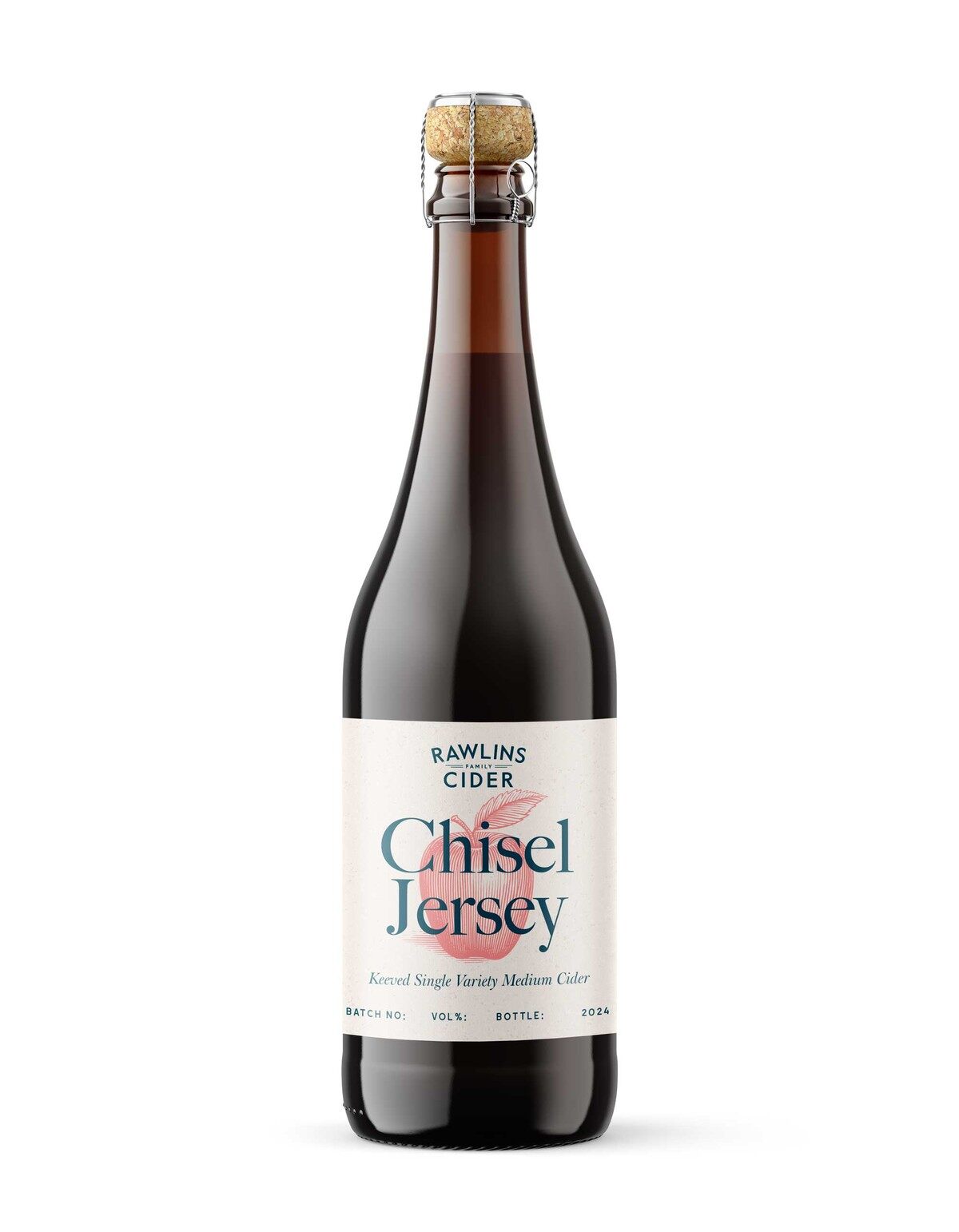 A bottle of Rawlins Chisel Jersey 2024 sparkling keeved cider with a cream label