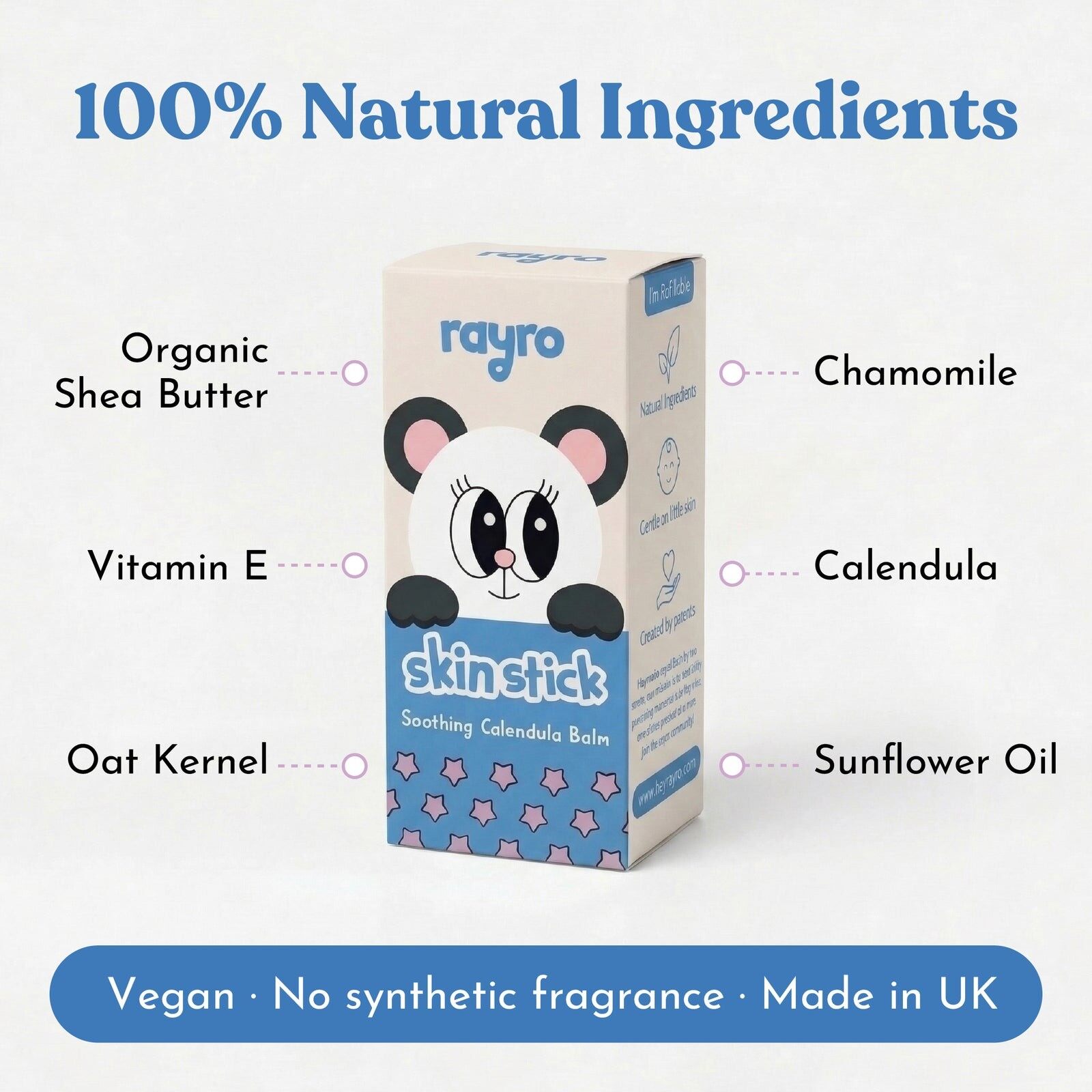 A Rayro Panda Skin Stick box with a list of ingredients including organic shea butter, calendula and chamomile