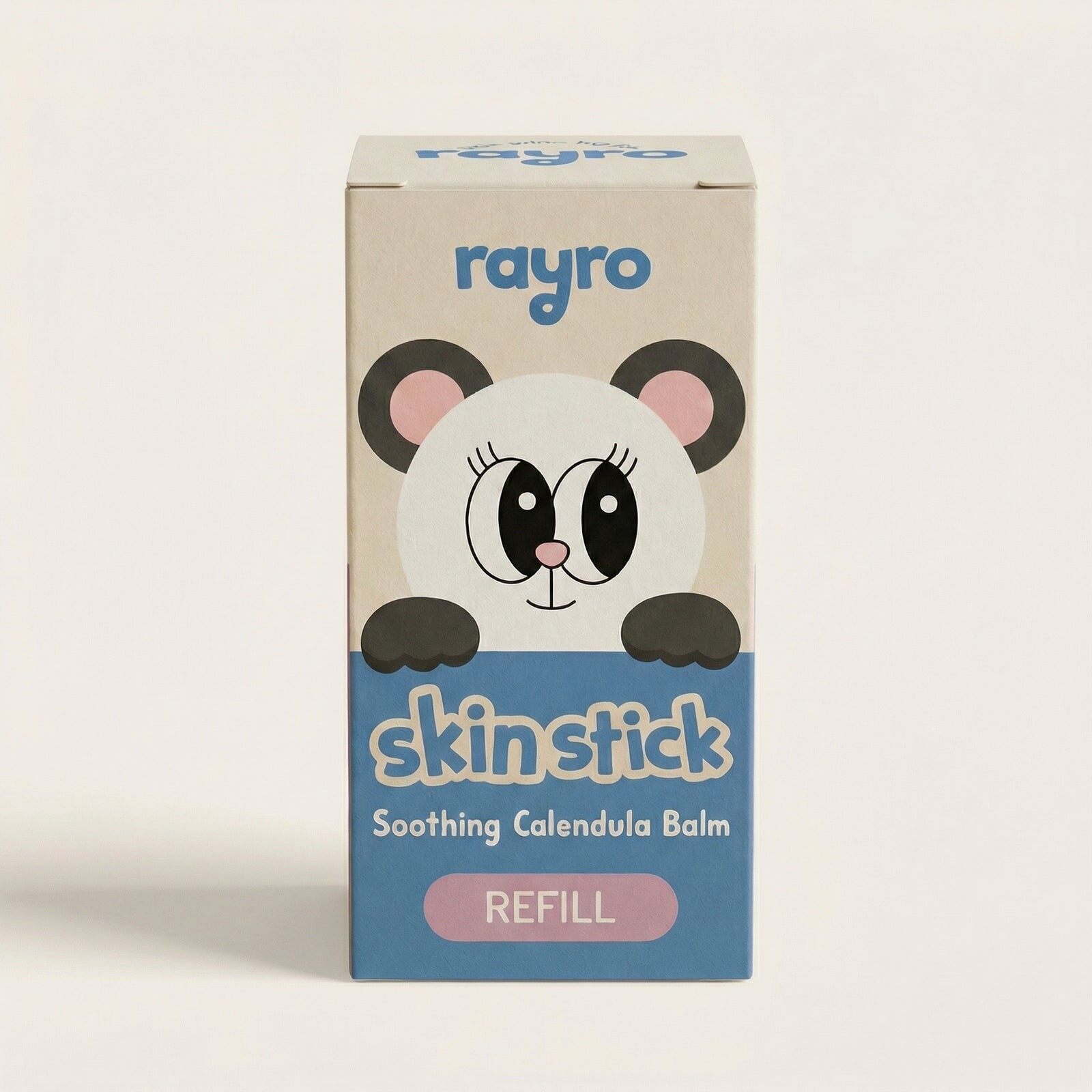A Rayro Panda Skin Stick refill box next to the panda-shaped stick
