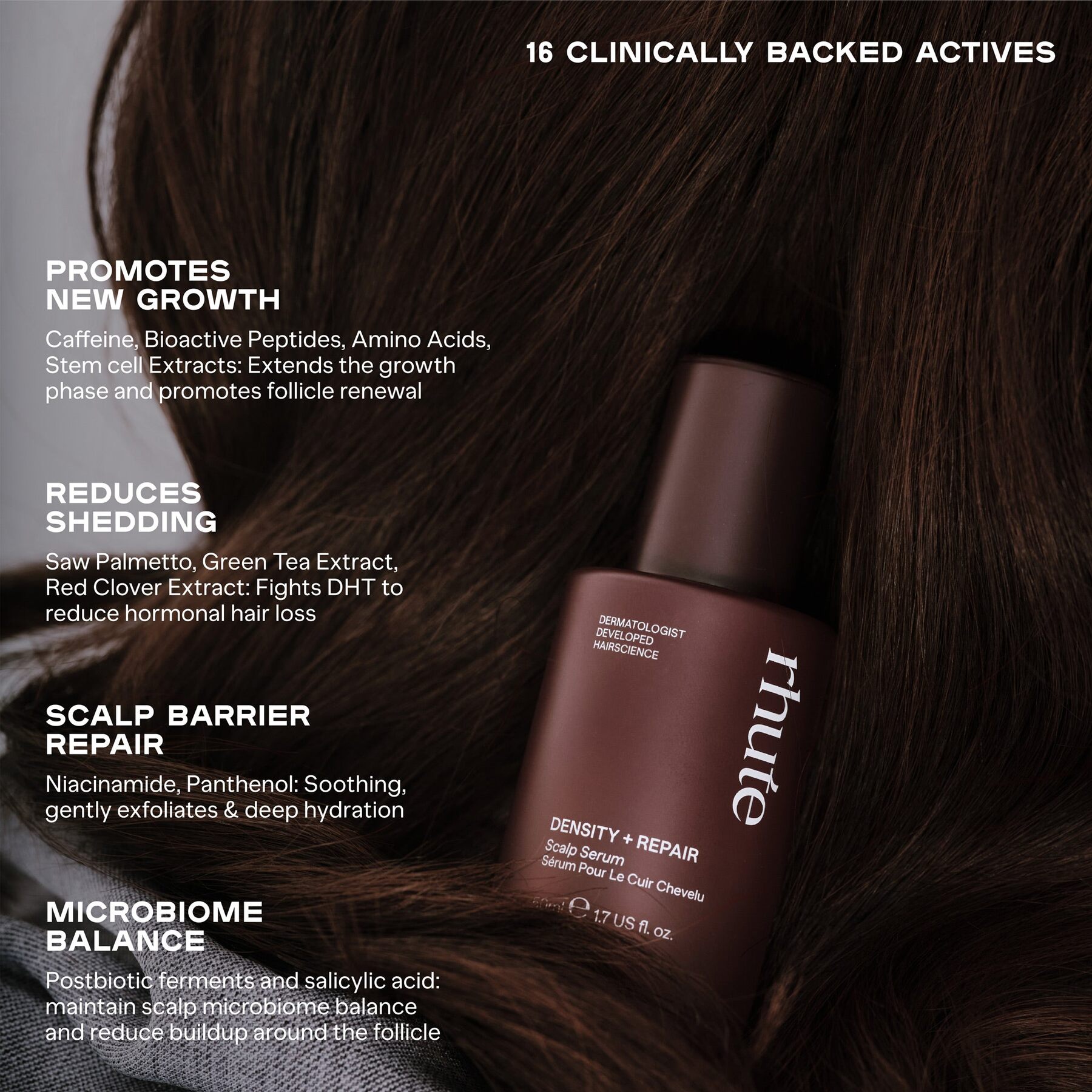 A burgundy Rhute Density and Repair serum bottle nestled in dark hair with a list of four benefits