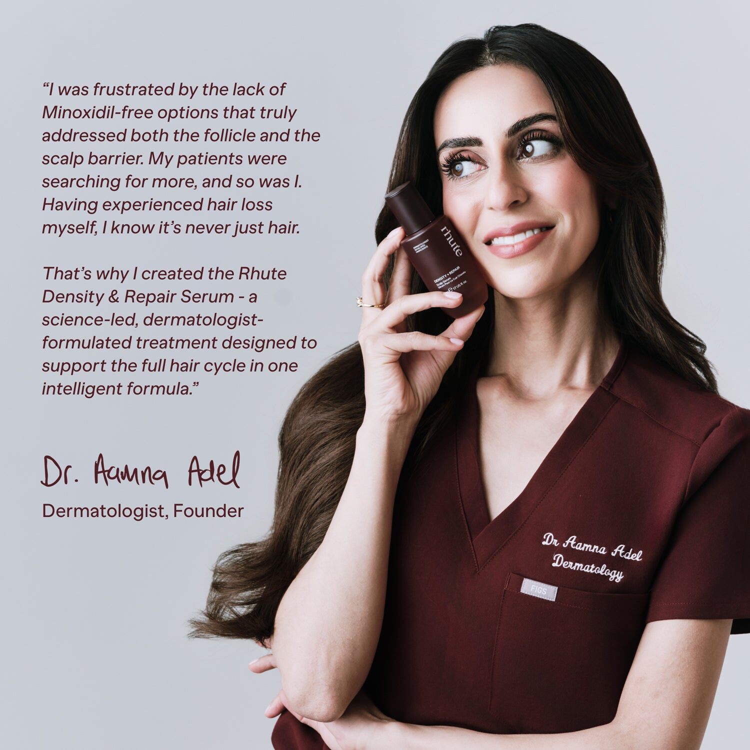 Dr Aamna Adel in maroon scrubs holding a bottle of Rhute Density and Repair scalp serum beside her founder quote