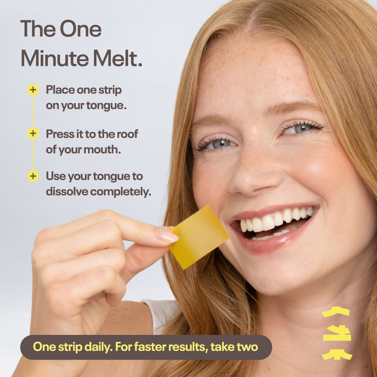 A smiling woman holding a small yellow Glow Strip on the tip of her tongue, with three steps to take it