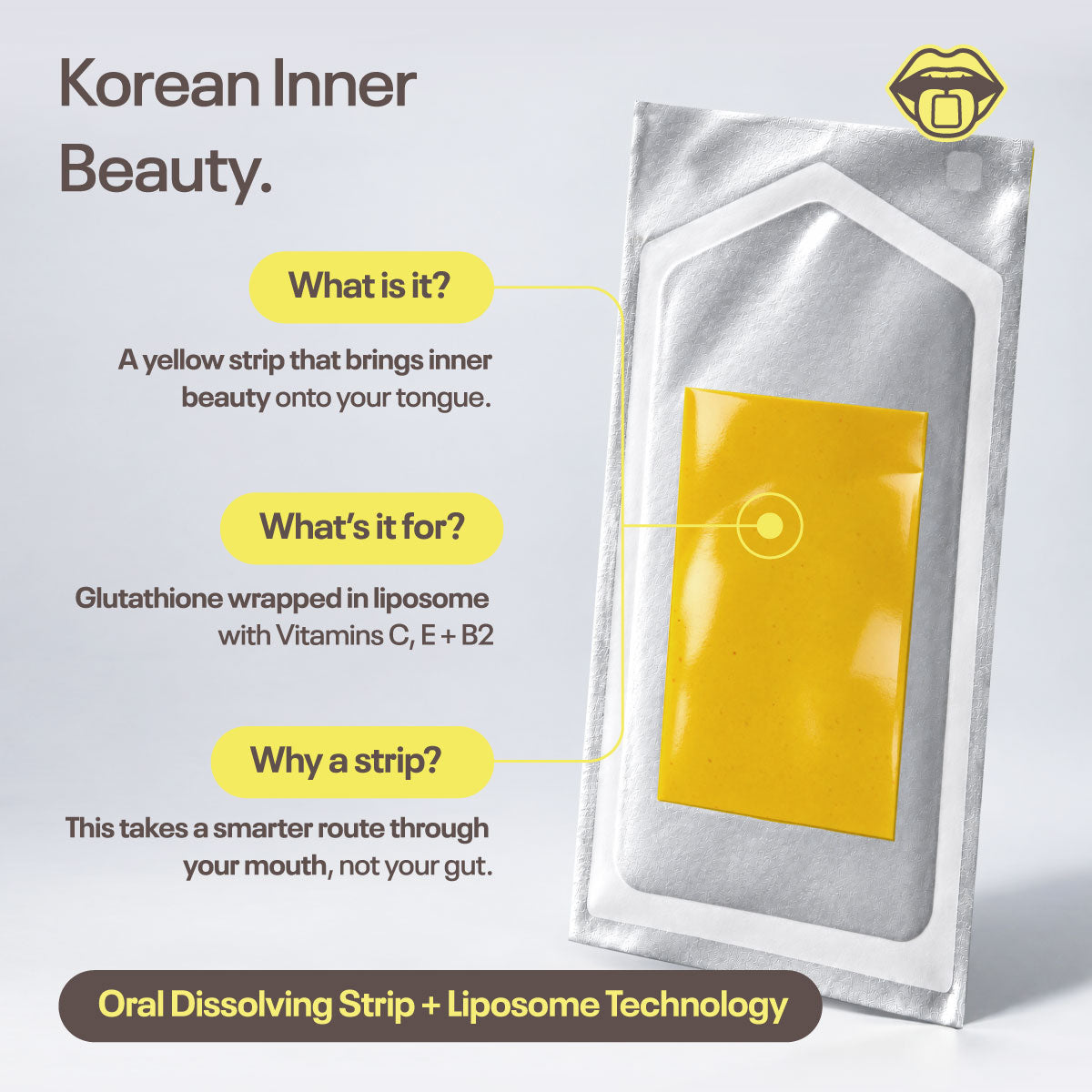 A hand holding an open foil sachet with a single yellow Glow Strip inside