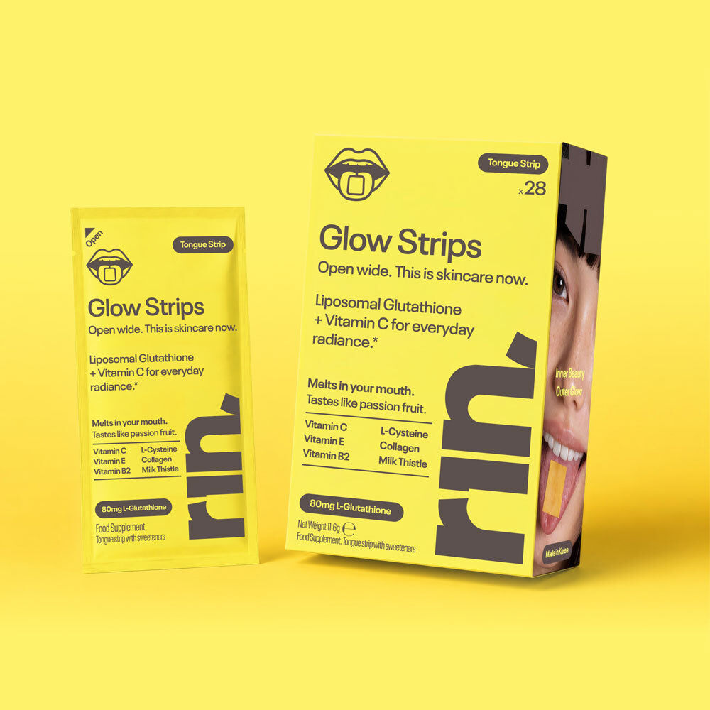 A yellow box of RIN Glow Strips next to a single strip sachet on a yellow background