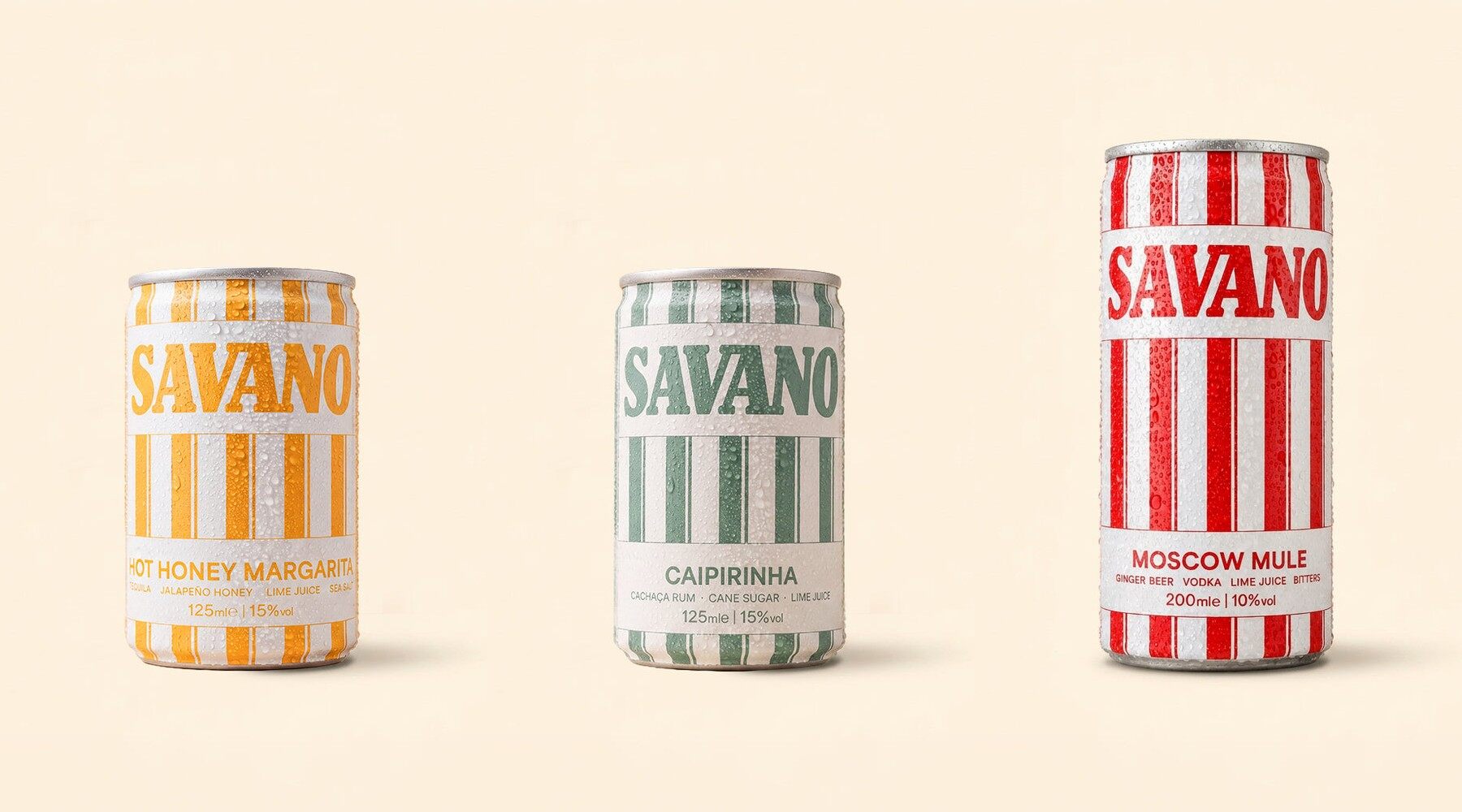 Three striped Savano cans side by side: Hot Honey Margarita in orange, Caipirinha in green and Moscow Mule in red