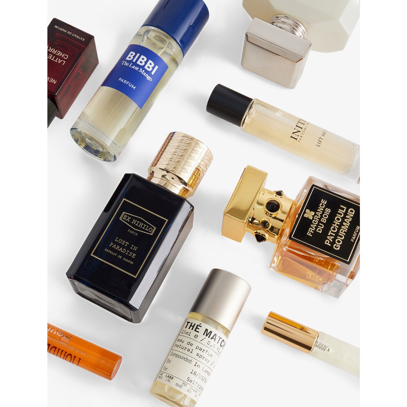 Close up of perfume bottles from the Selfridges calendar, including BIBBI, Ex Nihilo, Le Labo and Fragrance Du Bois