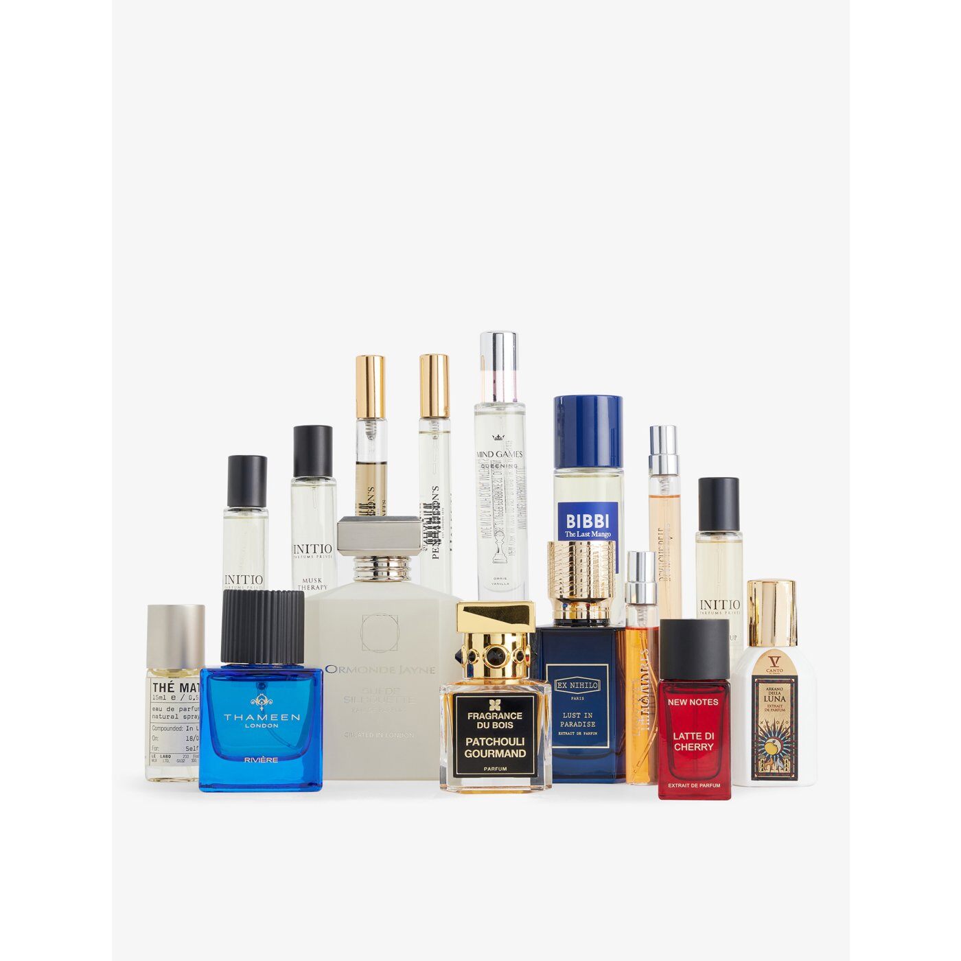 The 16 perfume bottles from the Selfridges 2026 fragrance advent calendar lined up on a white background