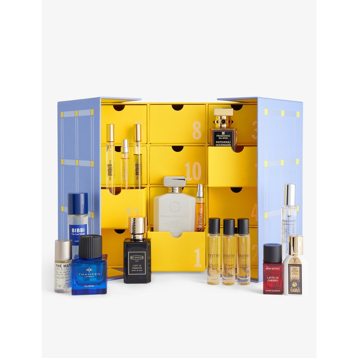 The Selfridges 2026 fragrance advent calendar standing open, its yellow numbered drawers showing perfume bottles