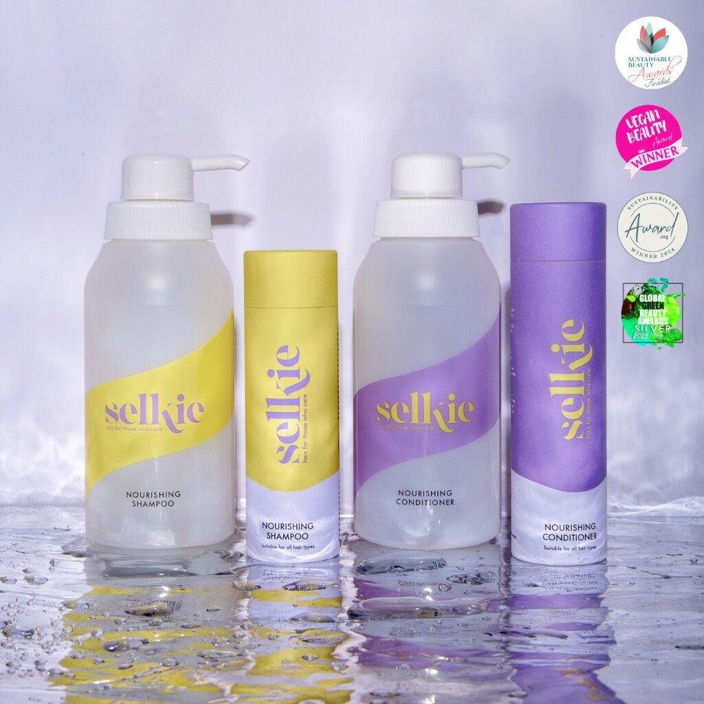 The Selkie Full Starter Kit: two refillable bottles and two powder refill tubes for shampoo and conditioner
