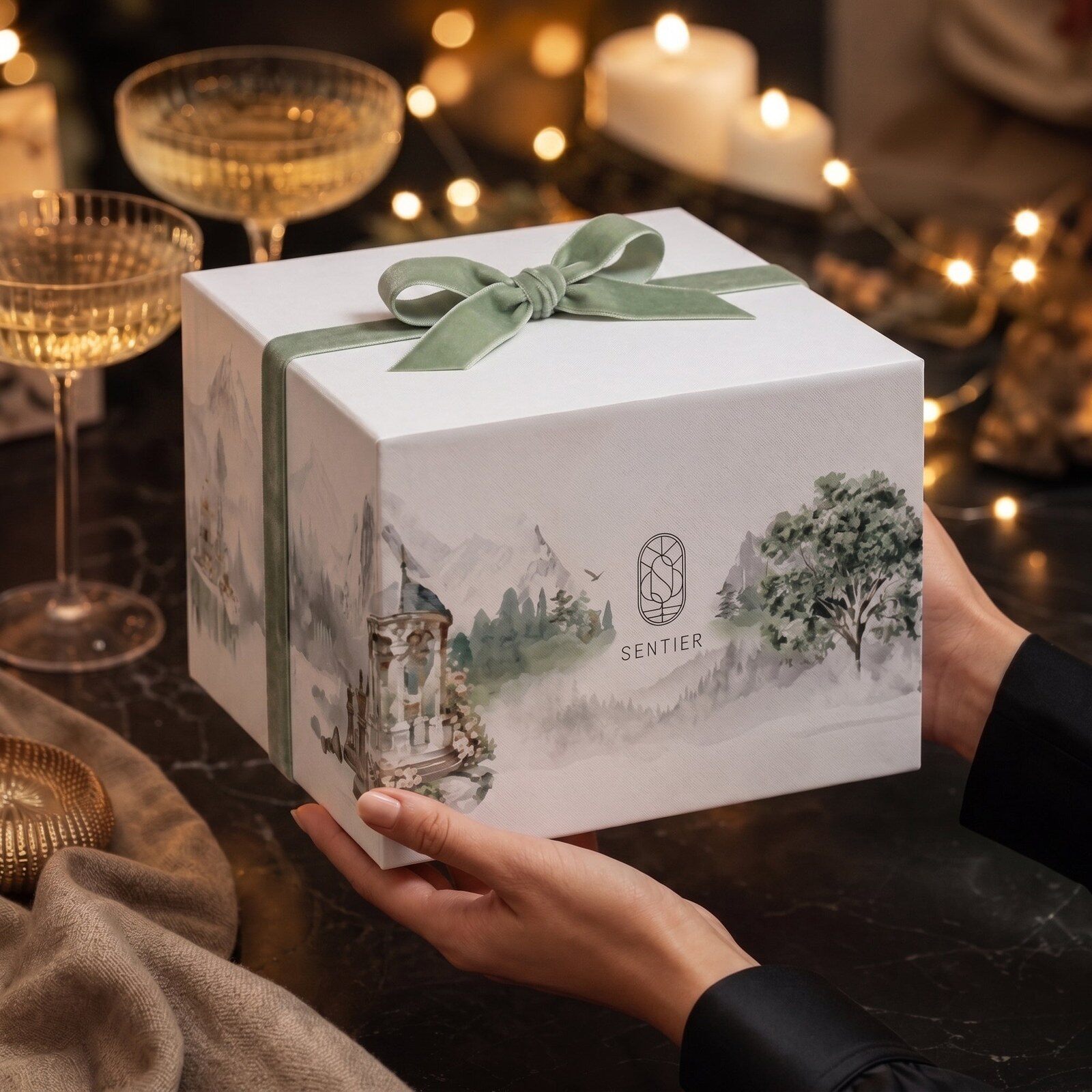 The Sentier advent calendar box tied with a green ribbon, held in front of candles and champagne glasses