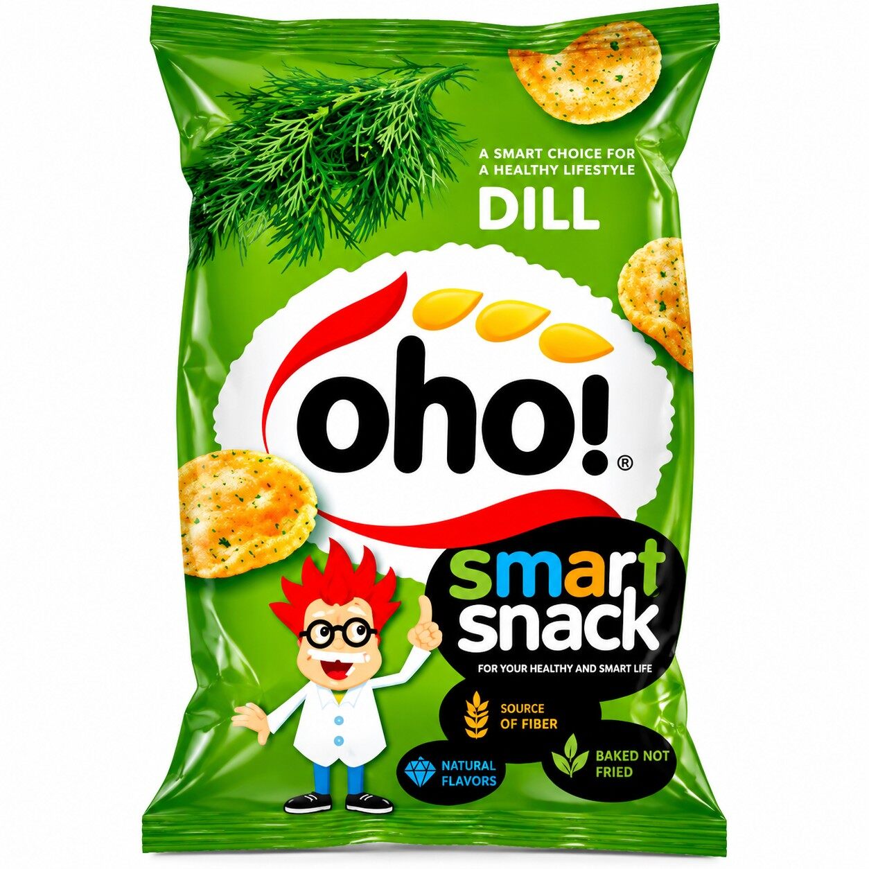 A bag of Oho Smart Snack dill flavour baked snacks from Lithuania, in green packaging with a dill sprig